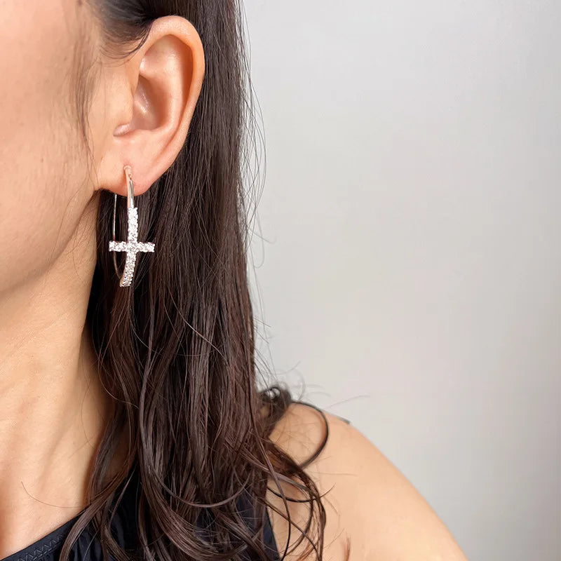 Elegant Silver Tone Alloy Zircon Cross Hoop Stud & Clip On No Piercing Geometric Circle Earrings