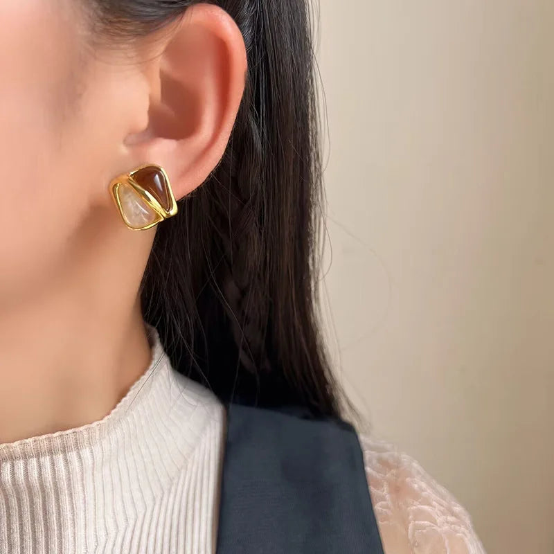 Elegant Geometric Square Alloy Enamel Maillard Stud & Clip On No Piercing Commuter Statement Earrings
