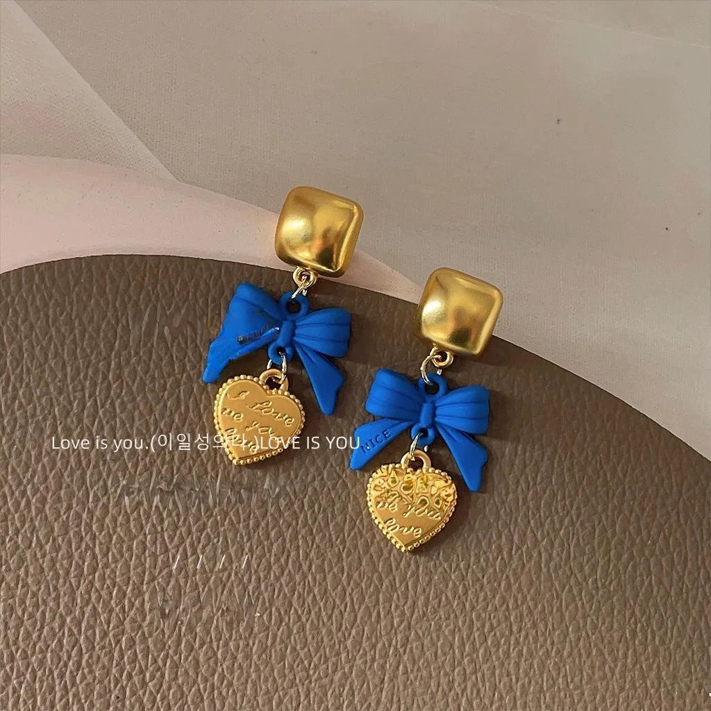 14K Gold Plated Copper Blue Enamel Bow Stud Earrings For Women Light Luxury Heart Square Jewelry