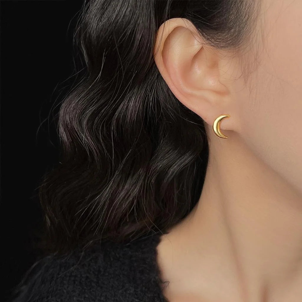 14K Gold Plated Copper Crescent Moon Stud Earrings Minimalist Commuter Jewelry