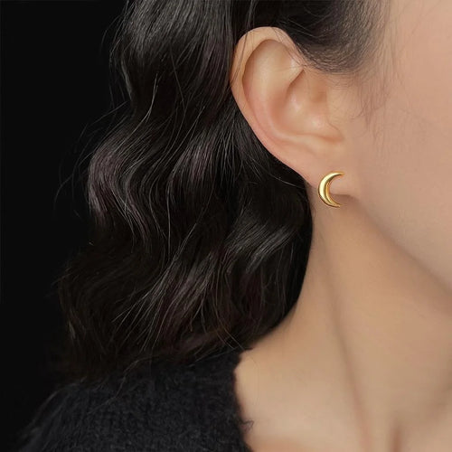 14K Gold Plated Copper Crescent Moon Stud Earrings Minimalist Commuter Jewelry
