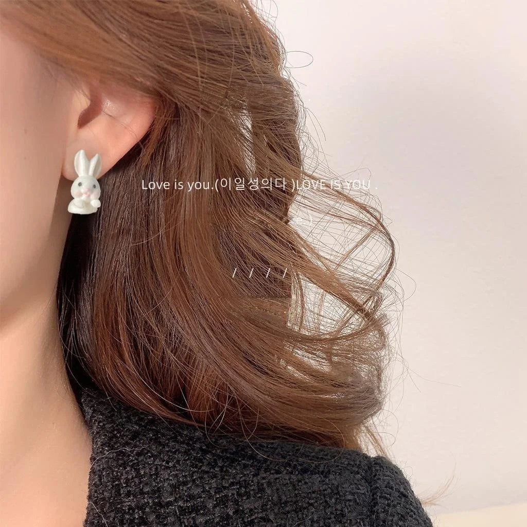 Cute White Flocked Resin Rabbit Stud Earrings With Silver Plated Pins For Girls