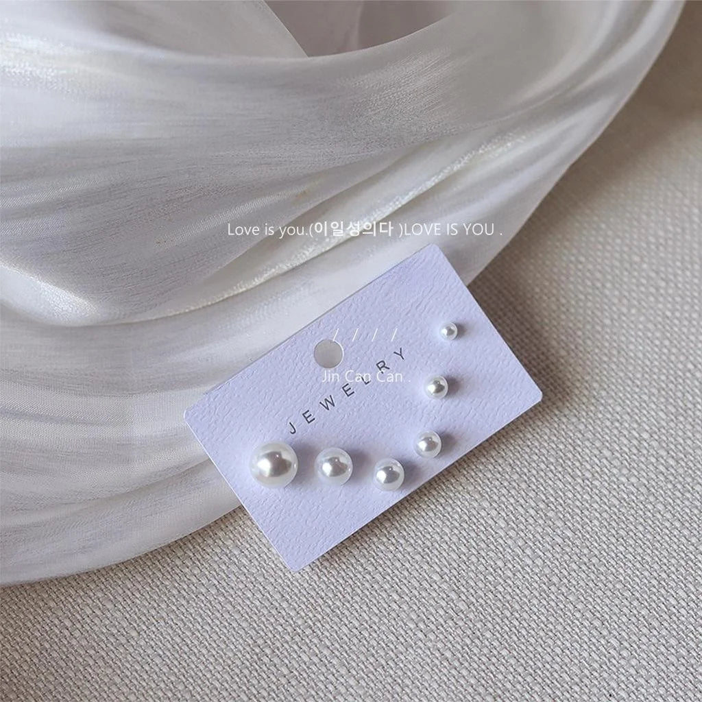 3 Piece Silver Plated Pin Resin Pearl Round Geometric Korean Japanese Stud Earrings
