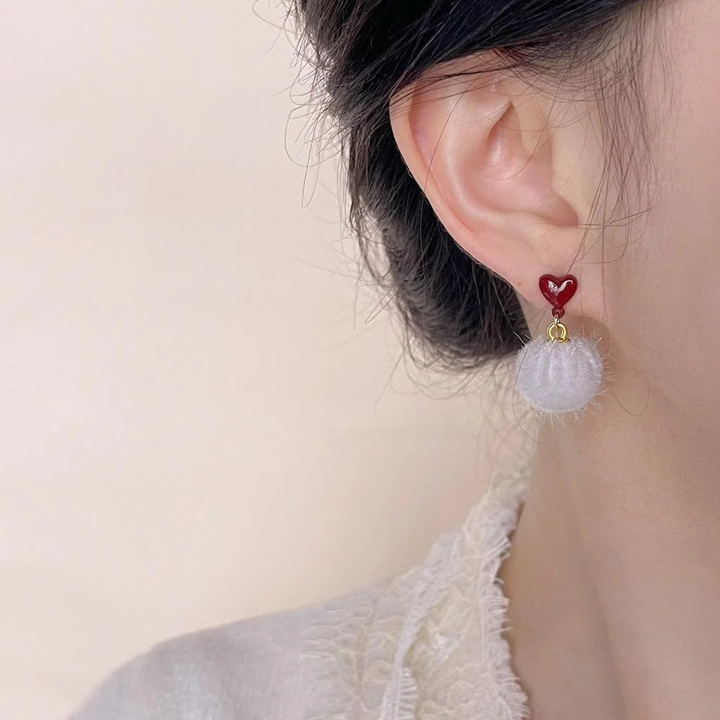 Sweet Burgundy Pom Pom Drop Earrings For Women, Winter Enamel Heart Geometric Daily Jewelry