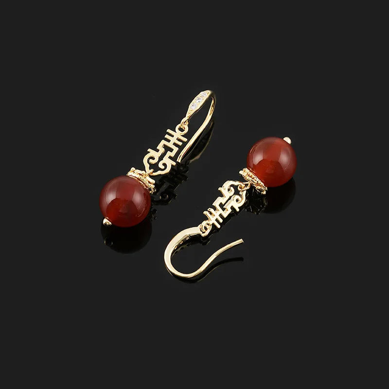 Elegant Chinese Double Happiness Red Agate Bead Alloy Stud & Clip On No Piercing Bridal Drop Earrings