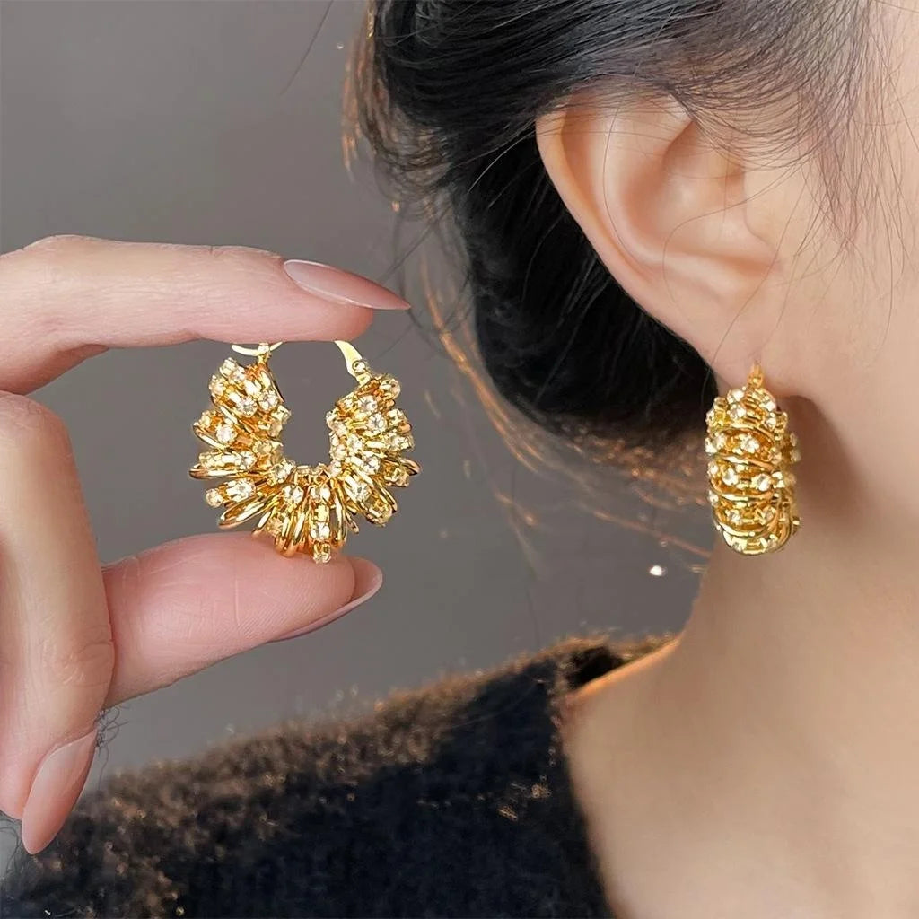 14K Gold Plated Copper Pave Round Geometric Line Drop Earrings for Elegant Office Wear