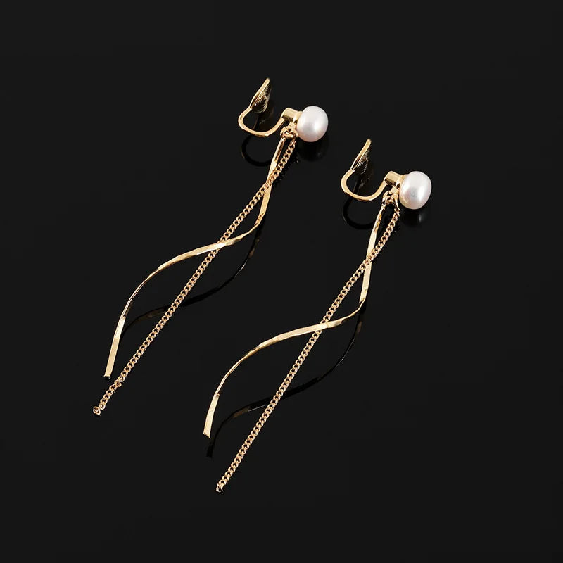Elegant Natural Pearl Swirl Tassel Chain Stud & Clip On No Piercing Gold Tone Alloy Long Drop Earrings