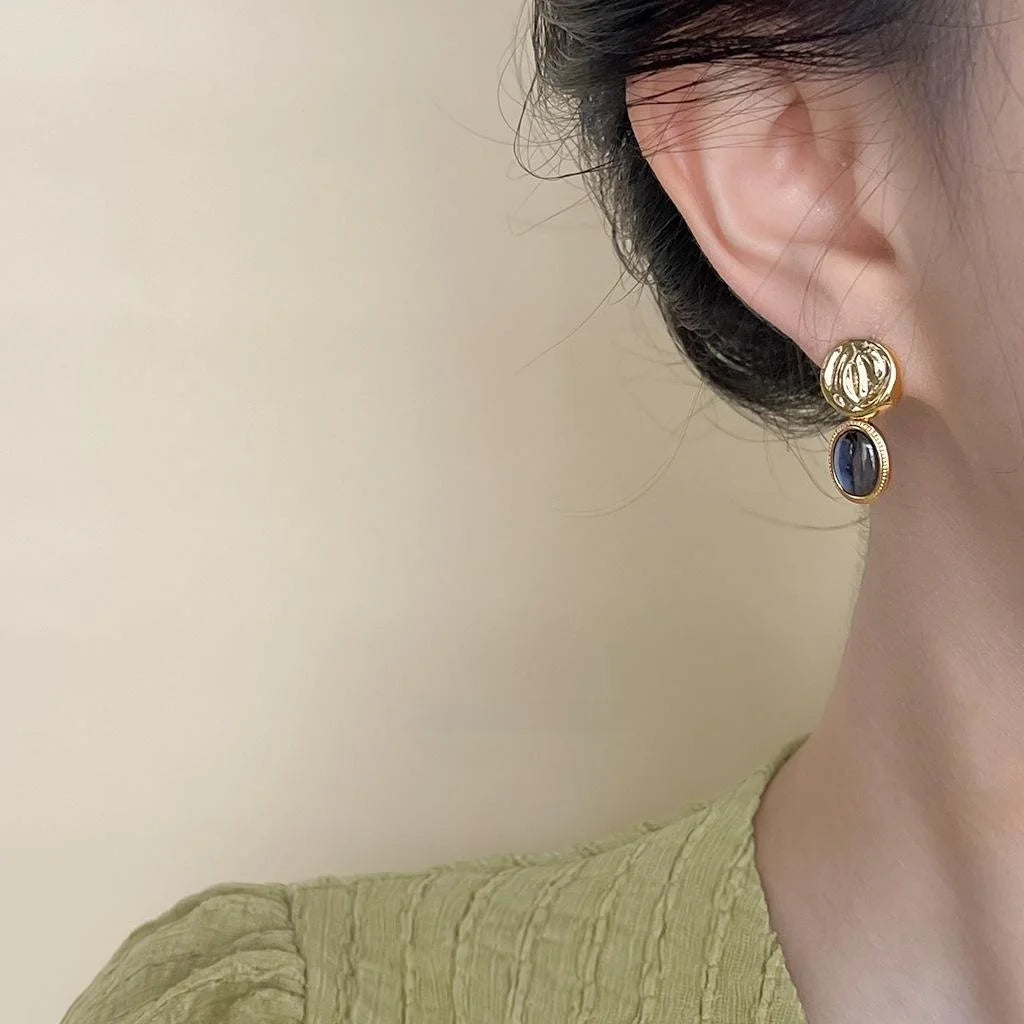 French Vintage Abalone Shell Copper Geometric Round Oval Drop Earrings Elegant Jewelry