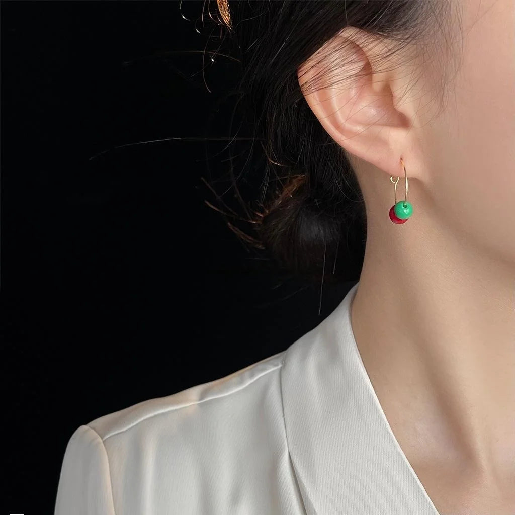 Ethnic Style Contrast Color Glass Round Geometric Hoop Drop Earrings for Women