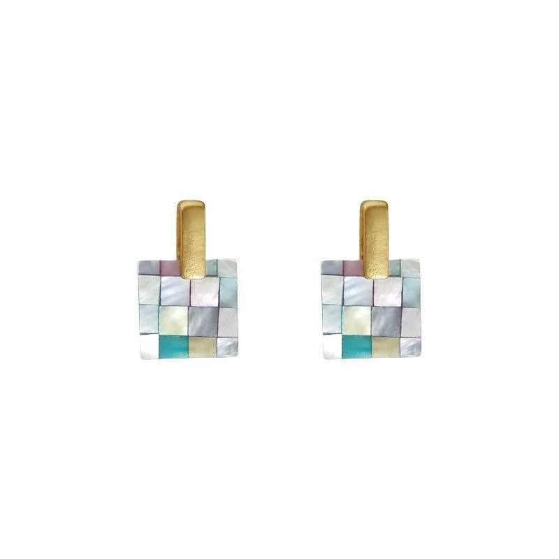 Light Luxury Shell Geometric Square 14K Gold Plated Stud Earrings