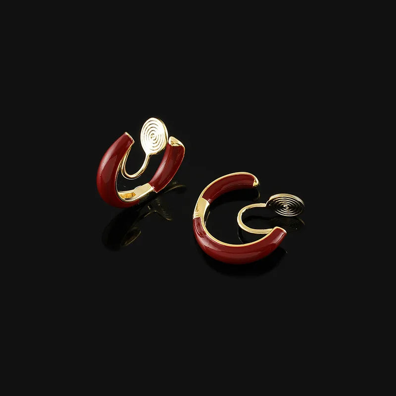 Elegant Red Enamel C-Shaped Hoop Alloy Stud & Clip On No Piercing Spiral Ear Cuff Women's Earrings