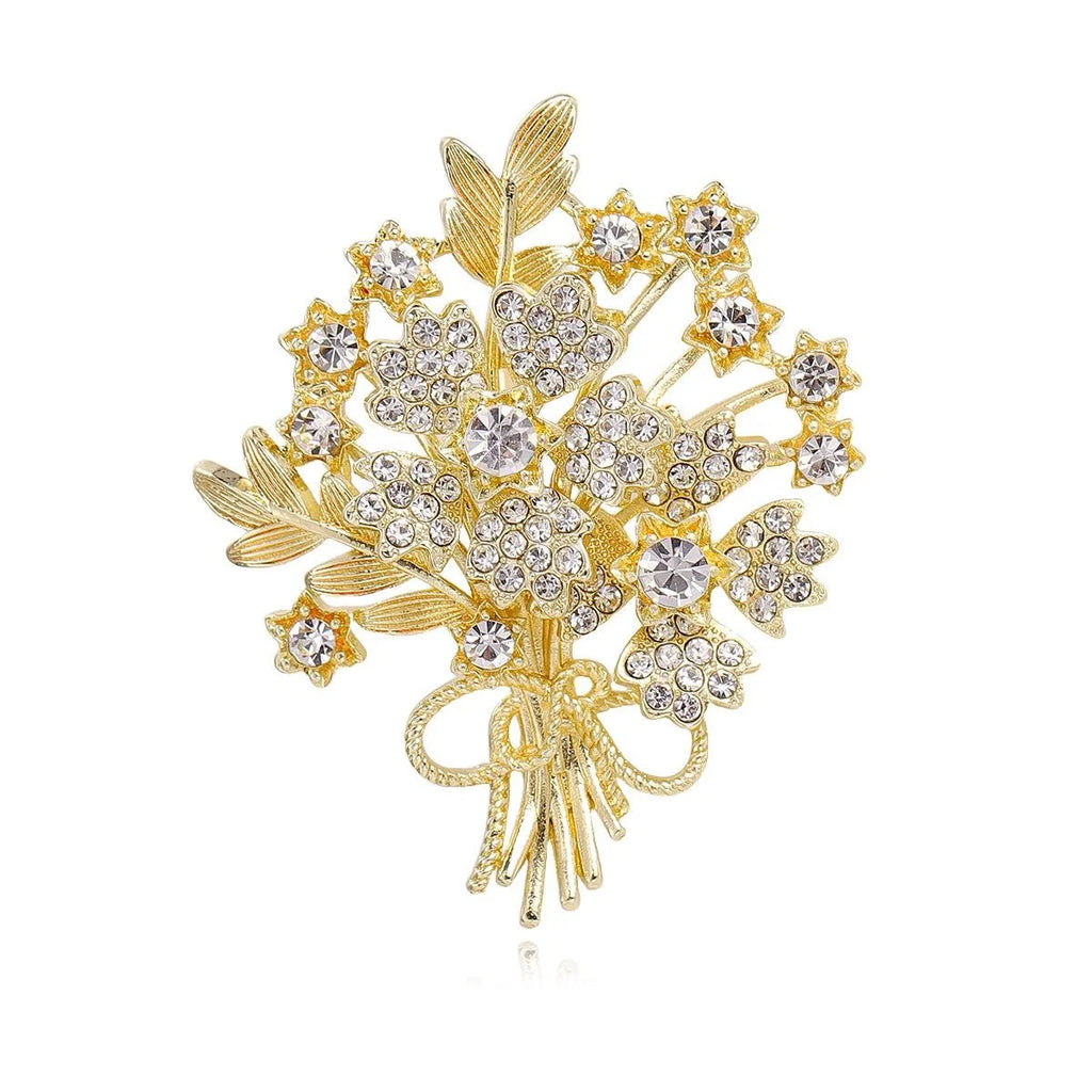 Elegant Rhinestone Floral Bouquet Brooch Gold Alloy Flower Branch Lapel Pin Corsage Suit Accessory Gift