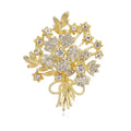 Elegant Rhinestone Floral Bouquet Brooch Gold Alloy Flower Branch Lapel Pin Corsage Suit Accessory Gift