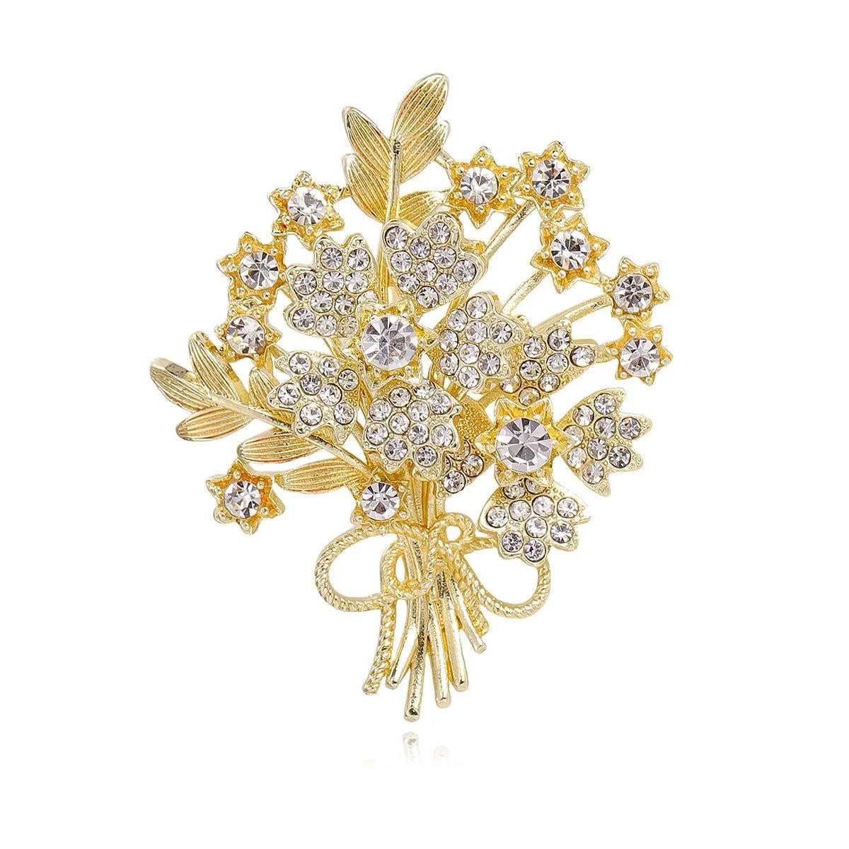 Elegant Rhinestone Floral Bouquet Brooch Gold Alloy Flower Branch Lapel Pin Corsage Suit Accessory Gift