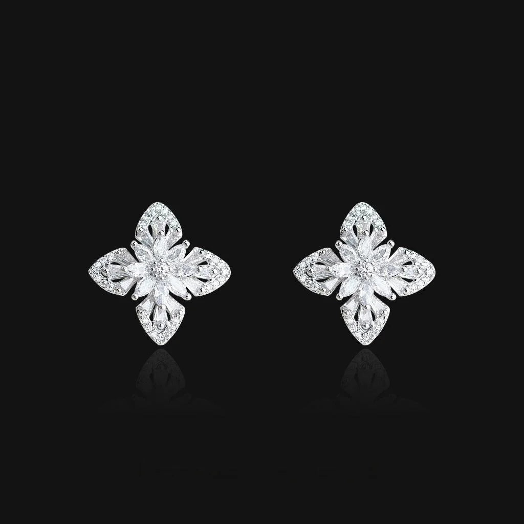 Silver Plated Copper Zircon Flower Leaf Geometric Stud Earrings for Women