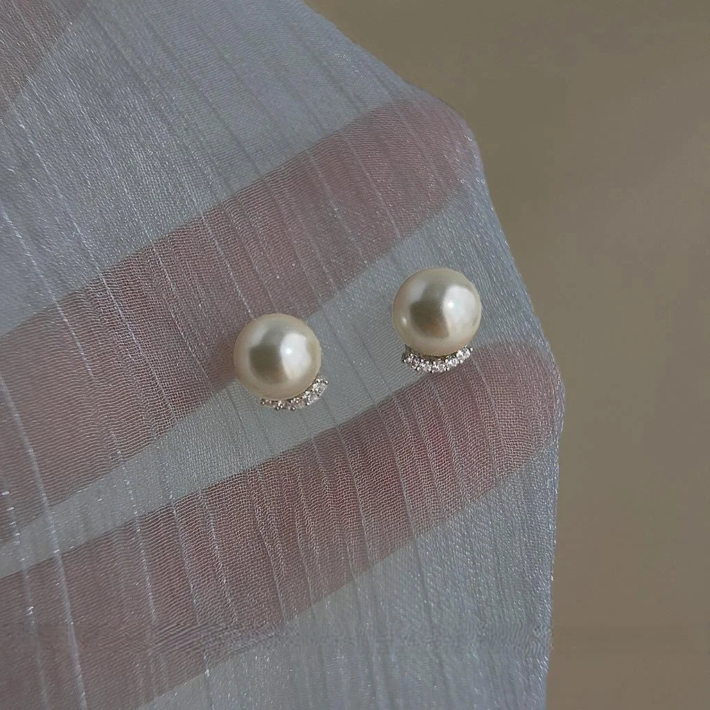 Elegant Glass Pearl Stud Earrings With Micro Pave Zircon Geometric Ball Minimalist Design