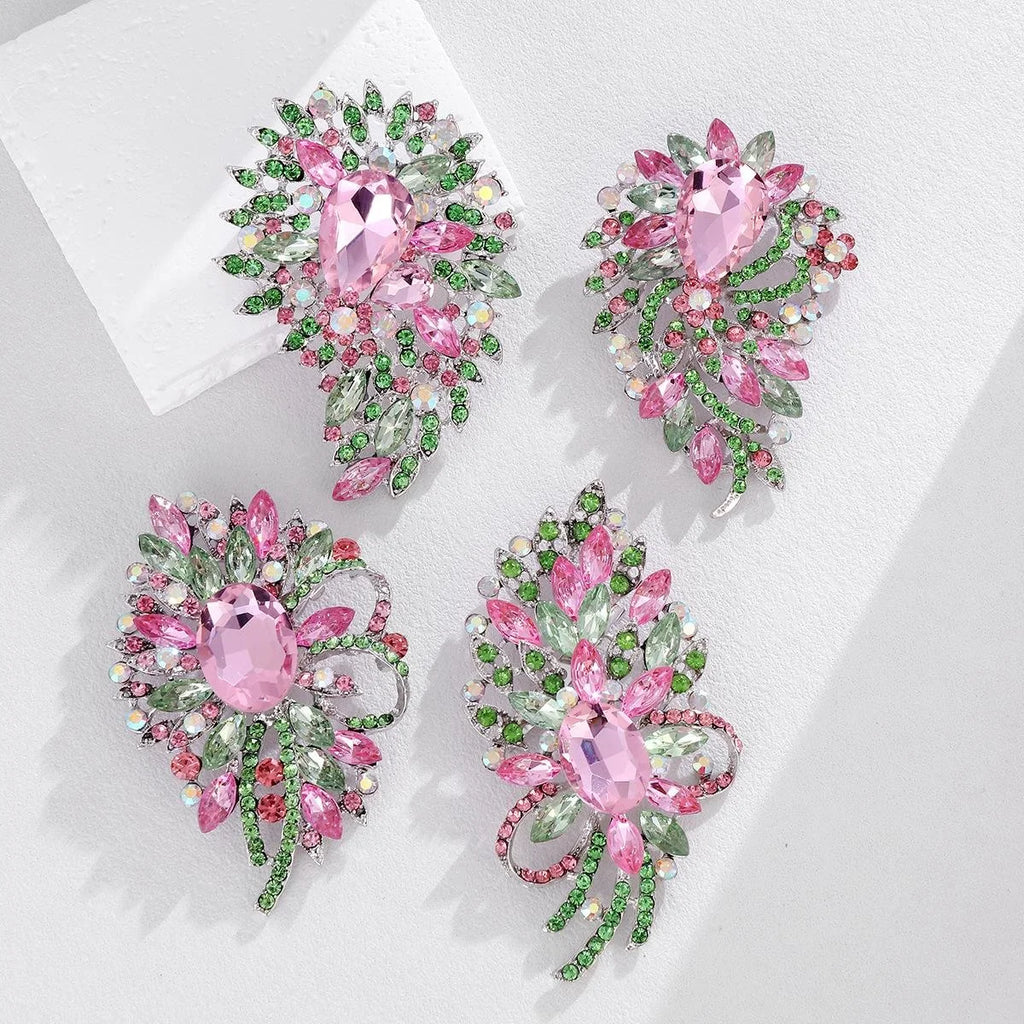 Elegant Pink Green Floral Rhinestone Crystal Brooch, Luxury Bouquet Lapel Pin Corsage Suit Accessory Gift