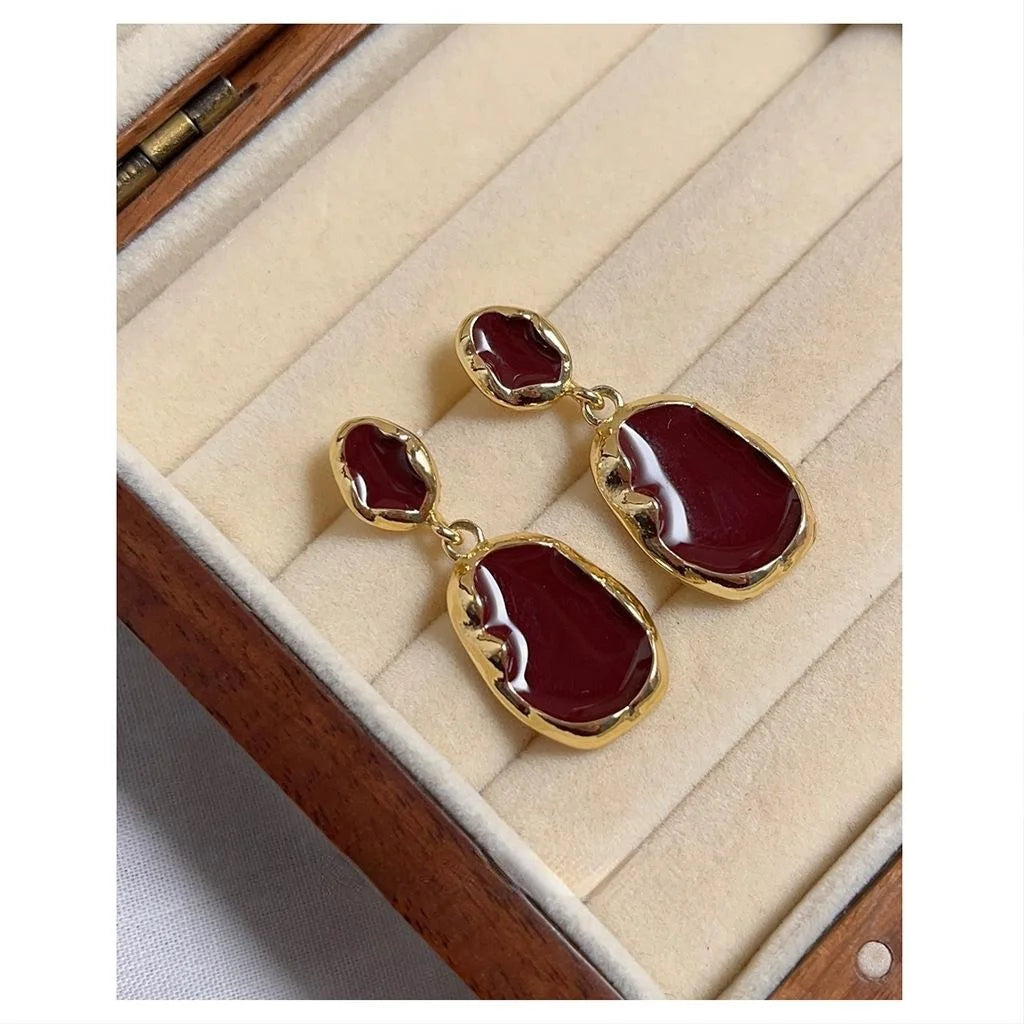 Luxury Hong Kong Retro Copper 14K Plated Burgundy Enamel Irregular Oval Drop Earrings