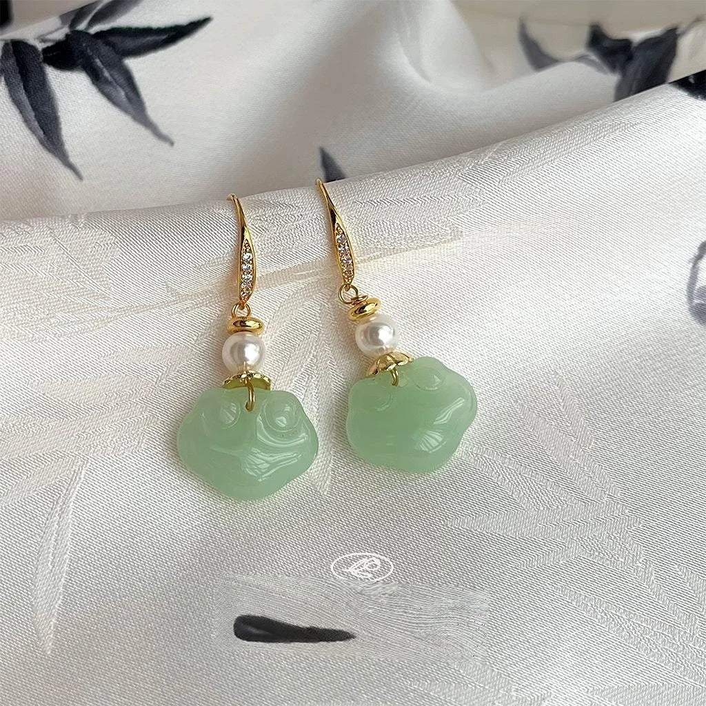 New Chinese Ethnic Handmade Glass Pearl Auspicious Cloud Ruyi Longevity Lock Drop Earrings