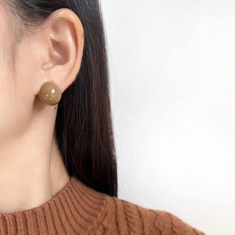 Vintage Maillard Brown Glossy Enamel Ball Spiral Alloy Stud & Clip On No Piercing Women's Earrings