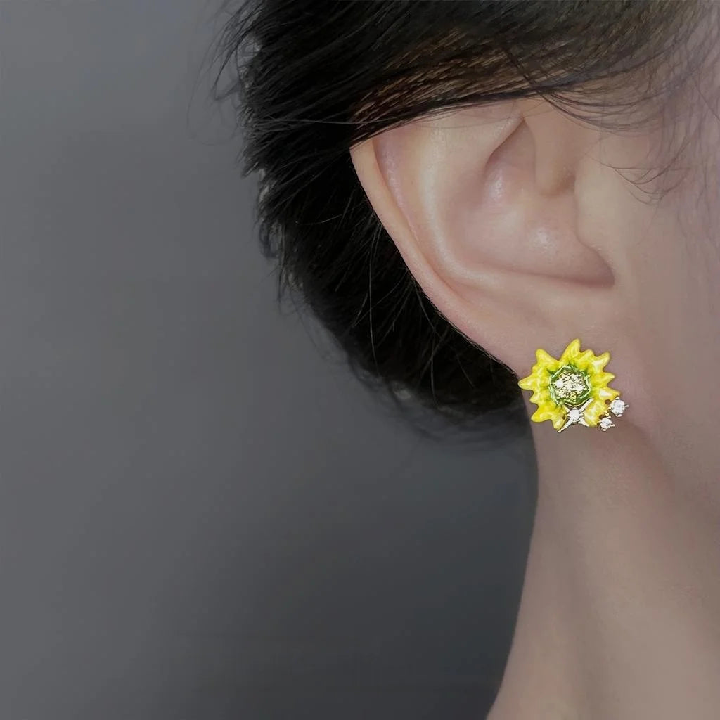 Luxury 14K Gold Plated Copper Zircon Enamel Sunflower Stud Earrings