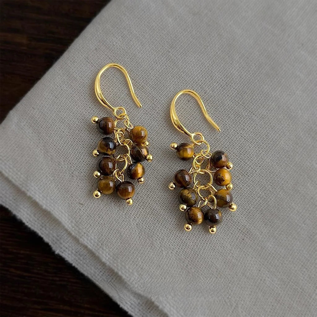 Handmade Vintage Maillard Copper Tiger Eye Stone Grape Cluster Tassel Drop Earrings
