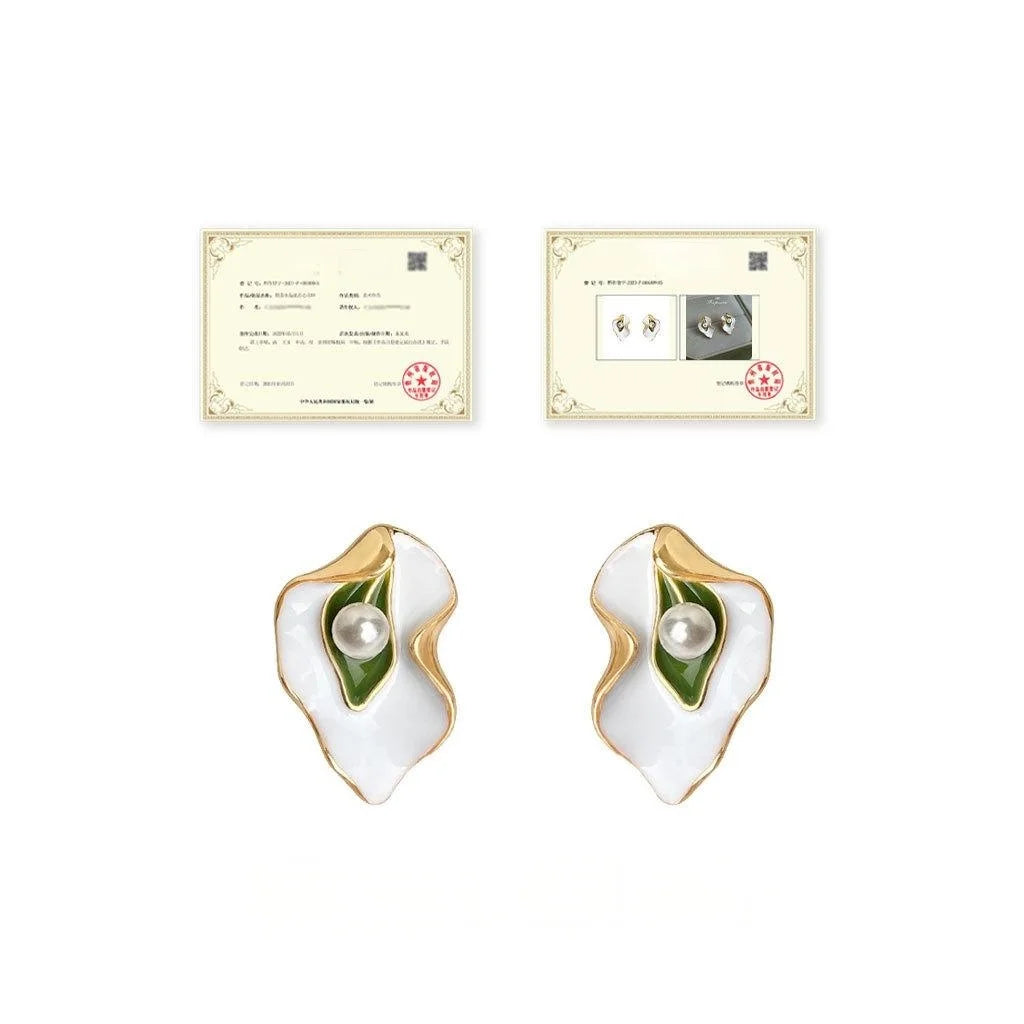 Light Luxury Enamel Leaf Stud Earrings With High Gloss Pearl Copper Floral Jewelry For Women