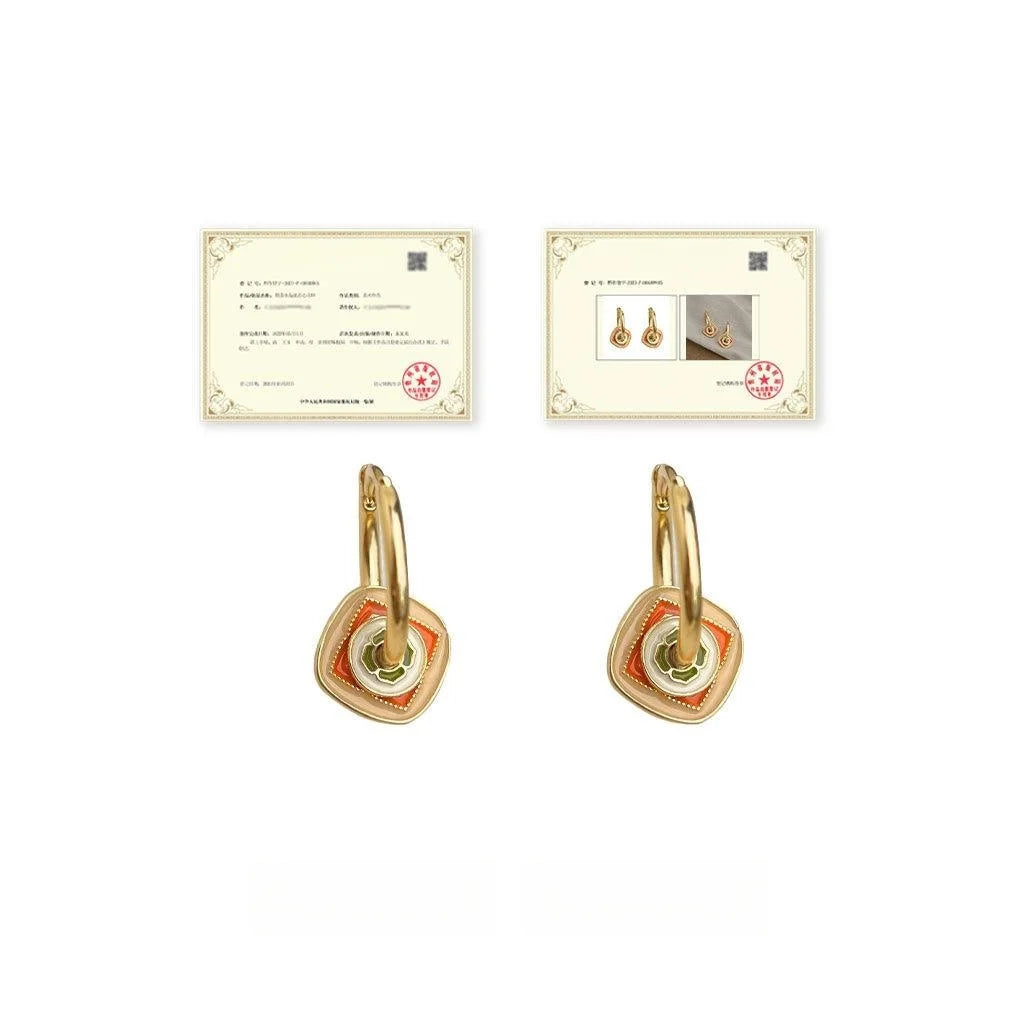 Designer Chinese Style Enamel Painted Geometric Copper Drop Earrings For Women