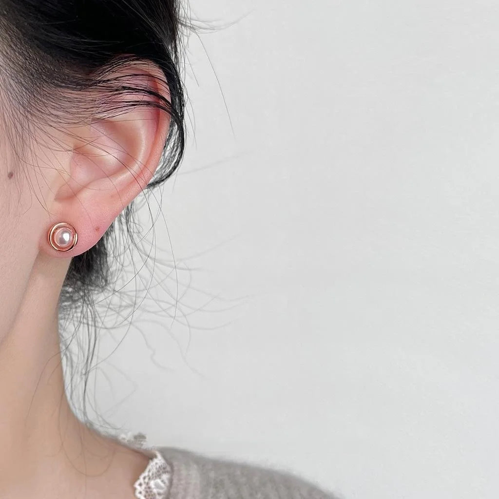 Mini Rose Gold Plated Copper Geometric Round Pearl Stud Earrings Minimalist Office Jewelry