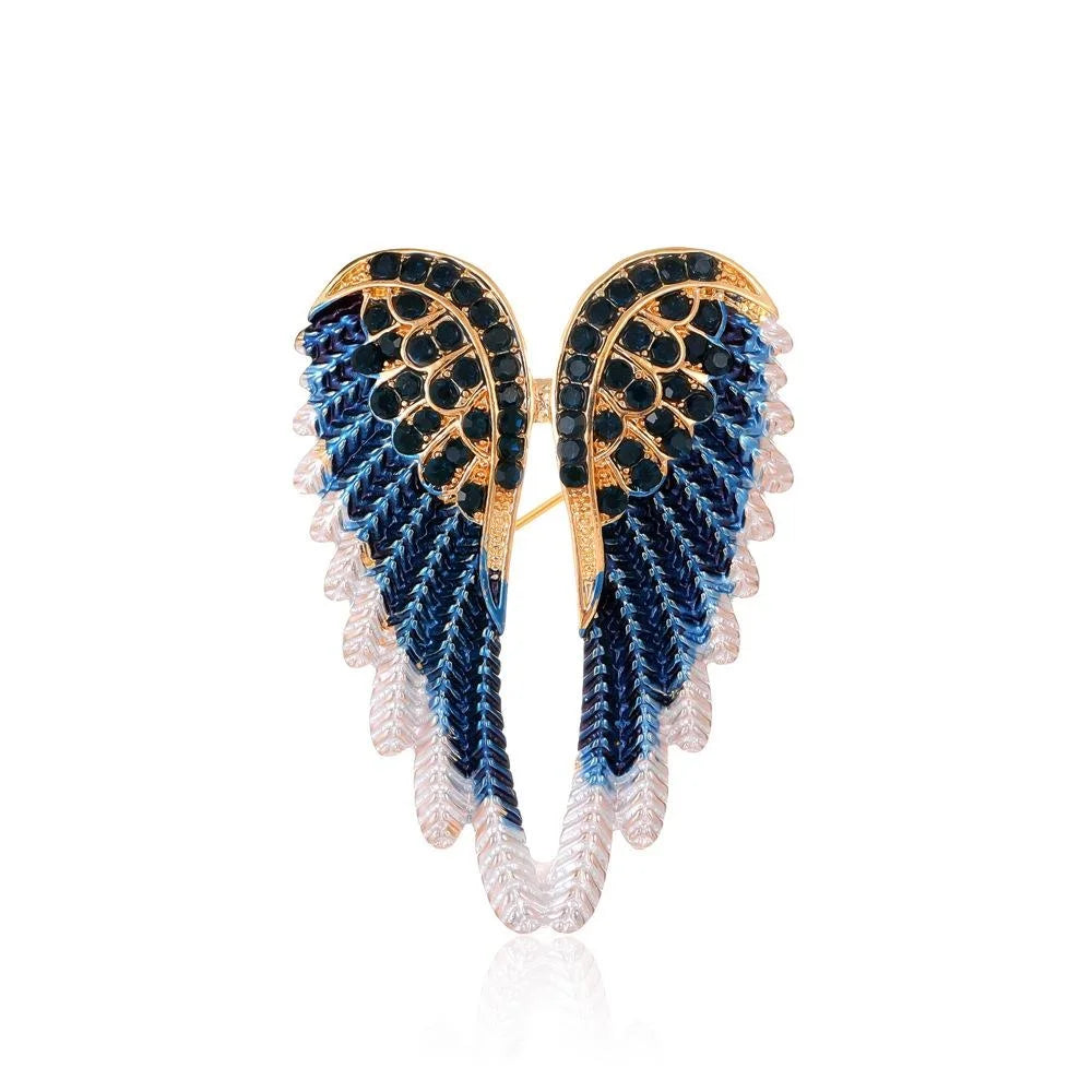 Elegant Angel Wing Brooch With Blue Enamel And Rhinestones, Alloy Lapel Pin Corsage Suit Accessory Gift