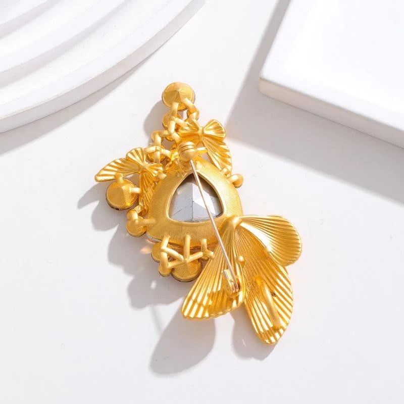 Elegant Butterfly Fish Rhinestone Glass Brooch, Gold Alloy Lapel Pin Corsage For Women's Suit Accessory
