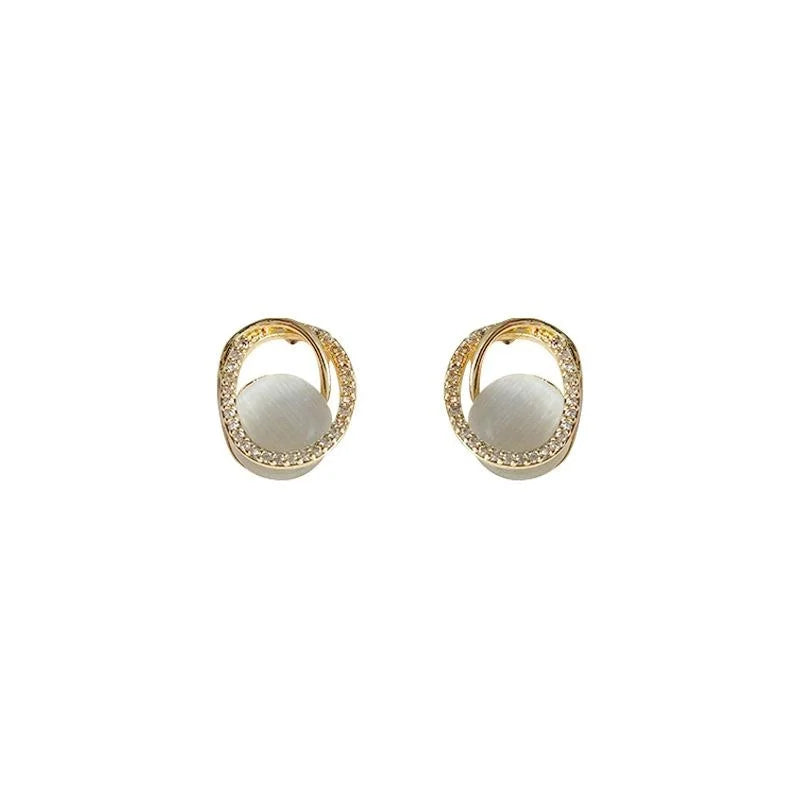 French Luxury Oval White Glass Cat Eye Stone Stud Earrings With Micro Pave Zircon Copper
