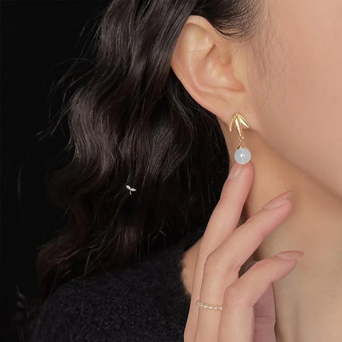 New Chinese Style Aquamarine Bamboo Leaf Drop Earrings Handmade Matte Designer Jewelry