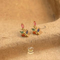 Mini 14K Gold Plated Micro Pave Colorful Zircon Leaf Stud Earrings Sweet Simple Style