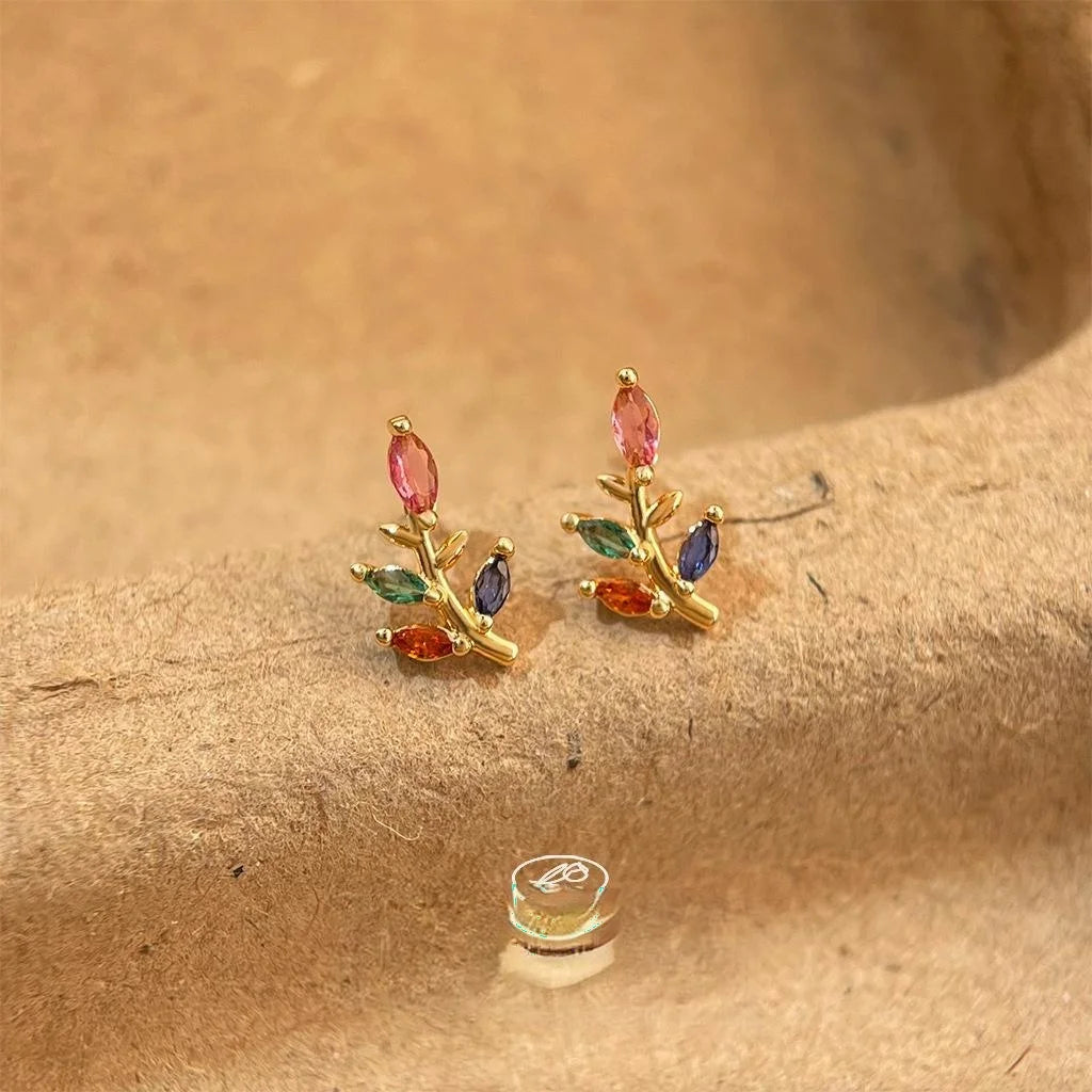 Mini 14K Gold Plated Micro Pave Colorful Zircon Leaf Stud Earrings Sweet Simple Style