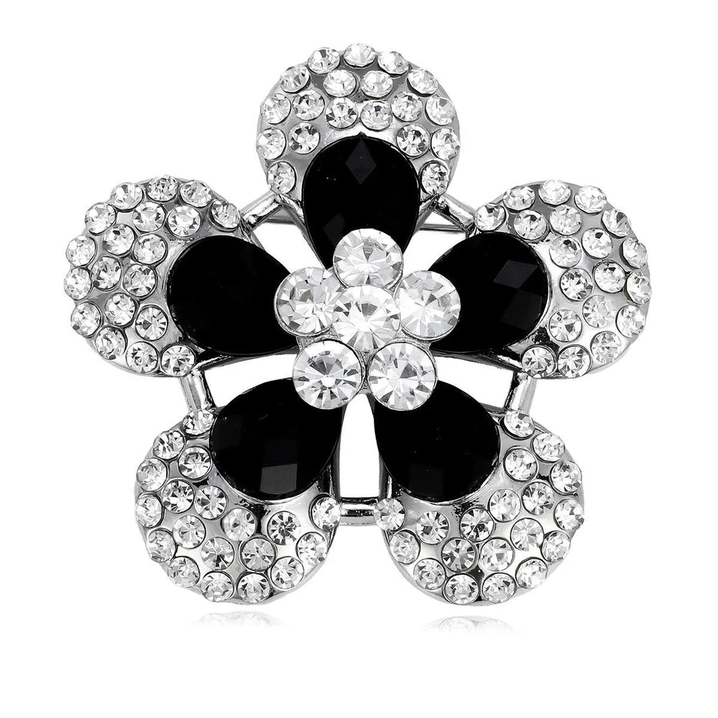 Luxury Black Flower Rhinestone Alloy Brooch, Elegant Crystal Lapel Pin Corsage Suit Accessory Gift