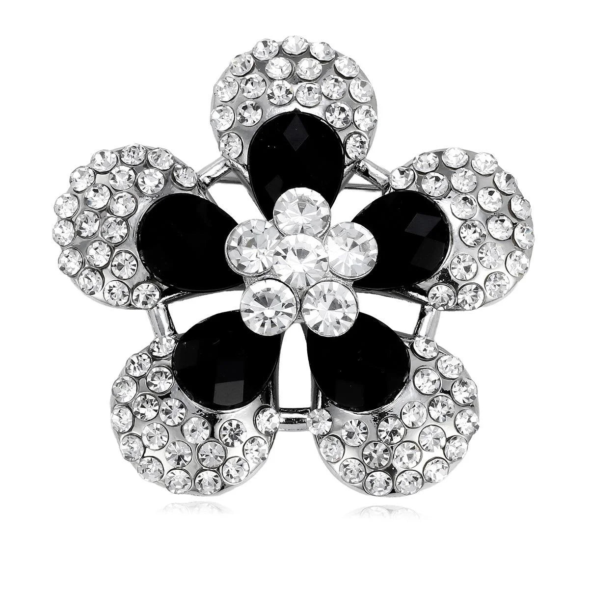 Luxury Black Flower Rhinestone Alloy Brooch, Elegant Crystal Lapel Pin Corsage Suit Accessory Gift