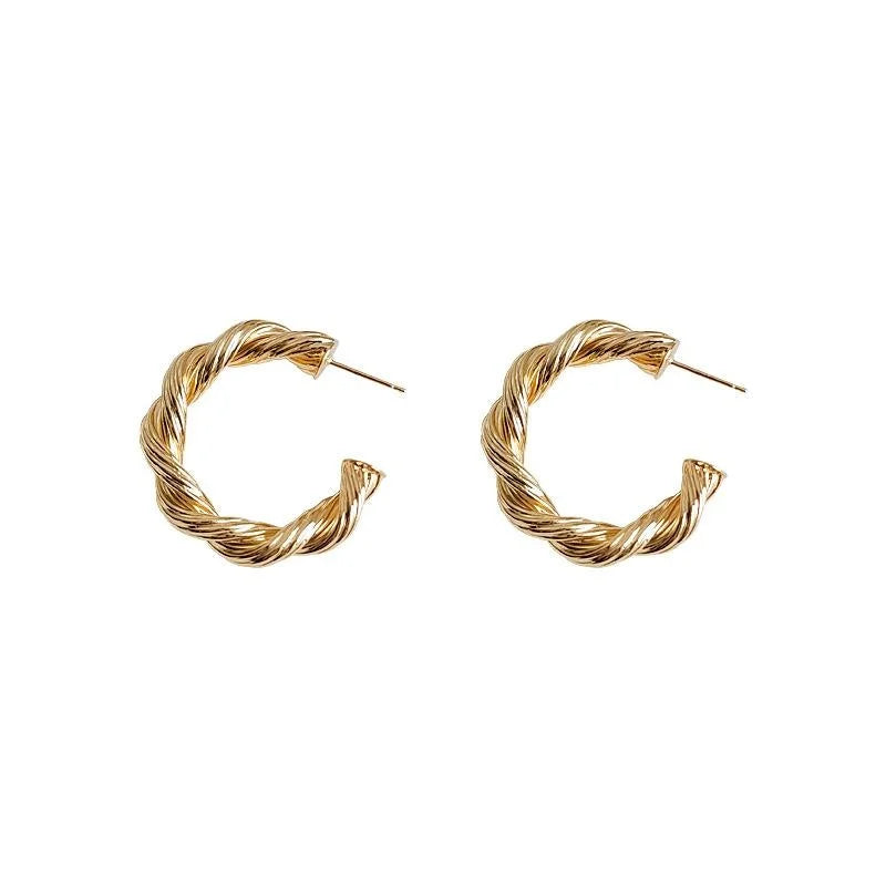 14K Plated Copper Twisted C Shape Hoop Earrings High End Geometric Wire Wrapped Fashion Jewelry