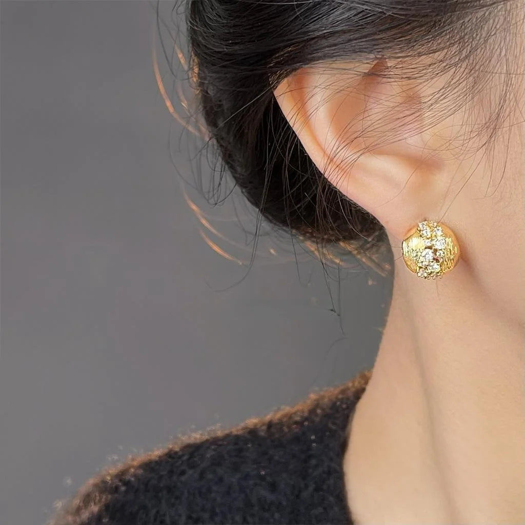 Sparkling Zircon 14K Gold Plated Hollow Geometric Round Stud Earrings Light Luxury Jewelry