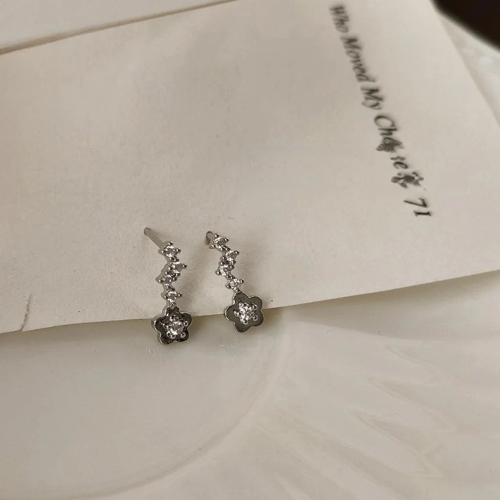 Mini Cubic Zirconia Flower Stud Earrings For Women Silver Plated Korean Japanese Daily Jewelry