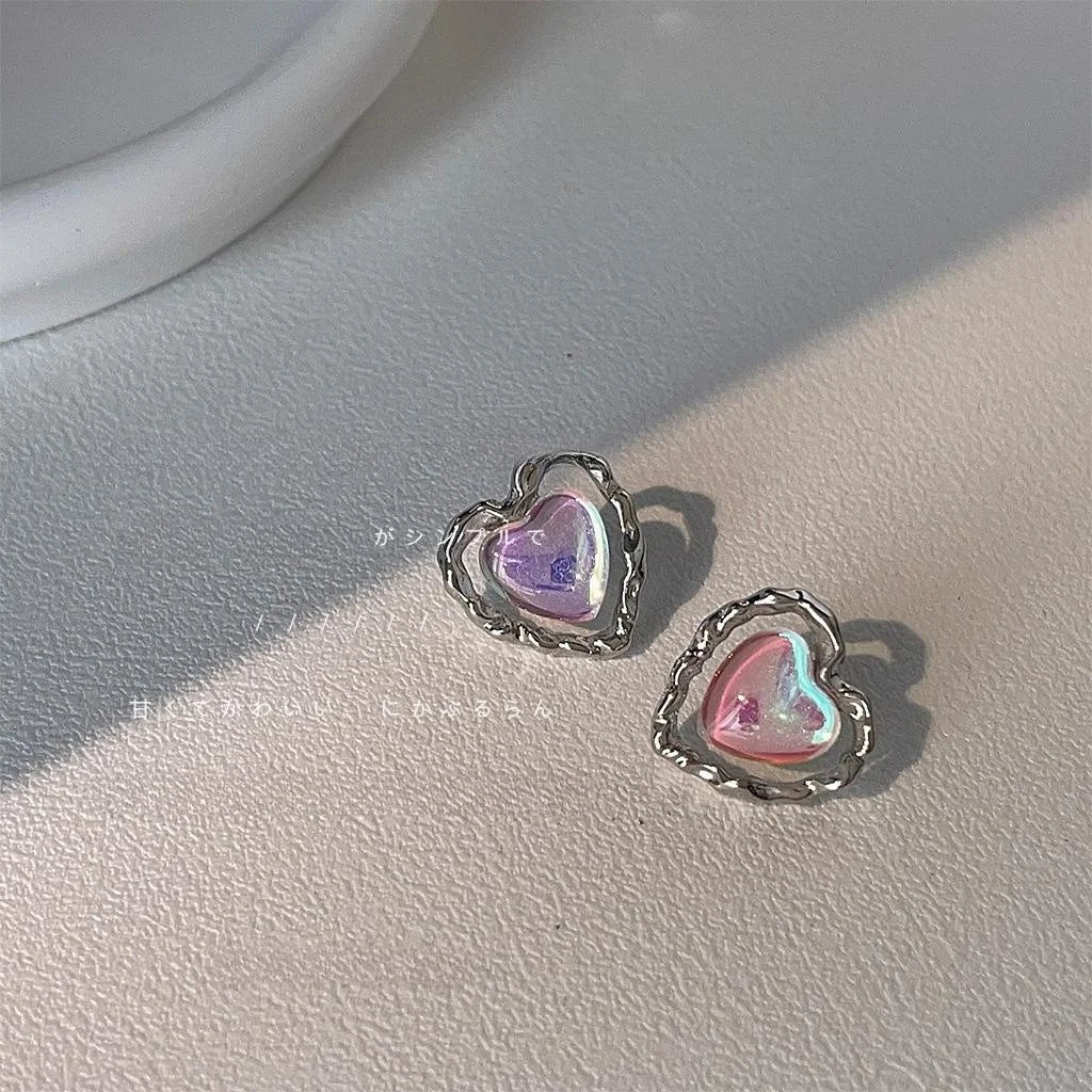 Sweet Cool Iridescent Pink Heart Stud Earrings Eco Copper White Moonlight Design