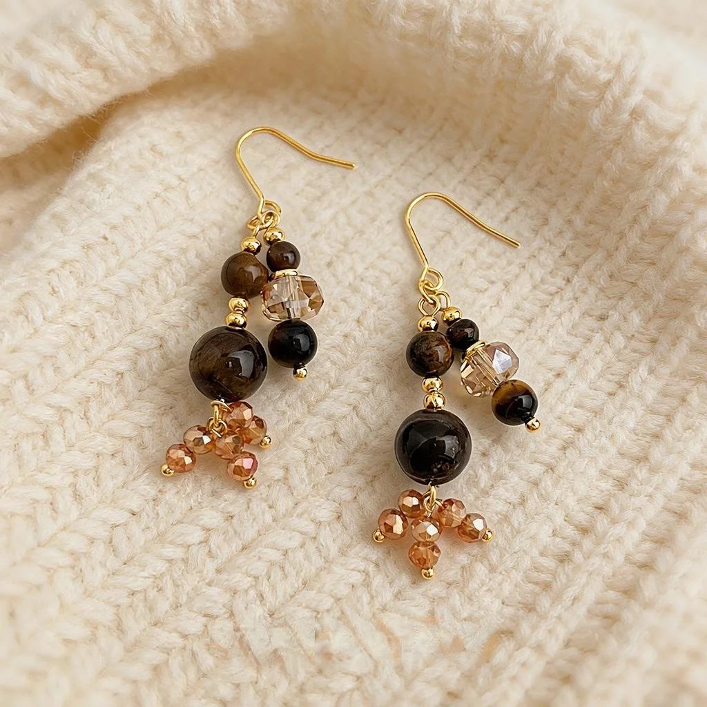 Vintage Maillard Copper Tiger Eye Stone Glass Crystal Tassel Drop Earrings