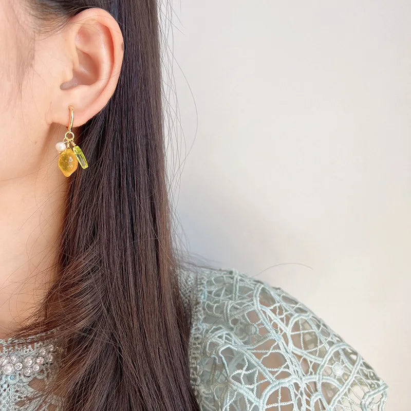 Elegant Lemon Fruit Green Leaf Crystal Pearl Alloy Stud & Clip On No Piercing Dangle Drop Earrings