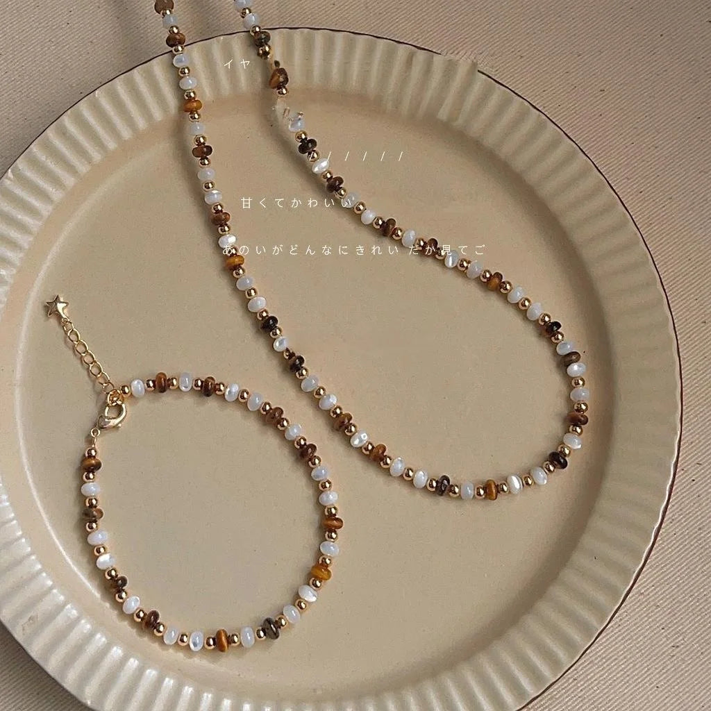 New Chinese Style Copper Tiger Eye Stone Shell Tassel Geometric Choker Necklace