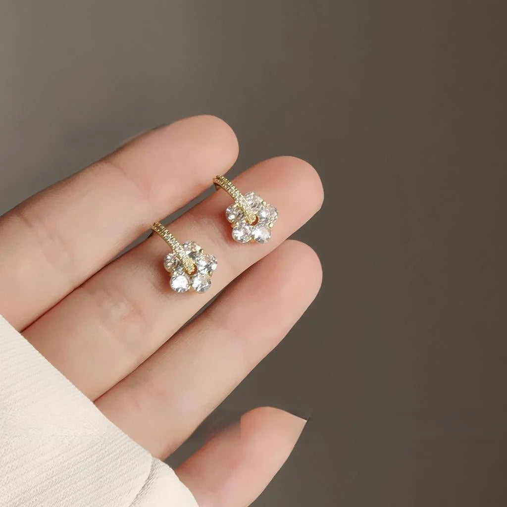 14K Gold Plated Copper Zircon Flower Stud Earrings For Women Japanese Korean Sweet Style