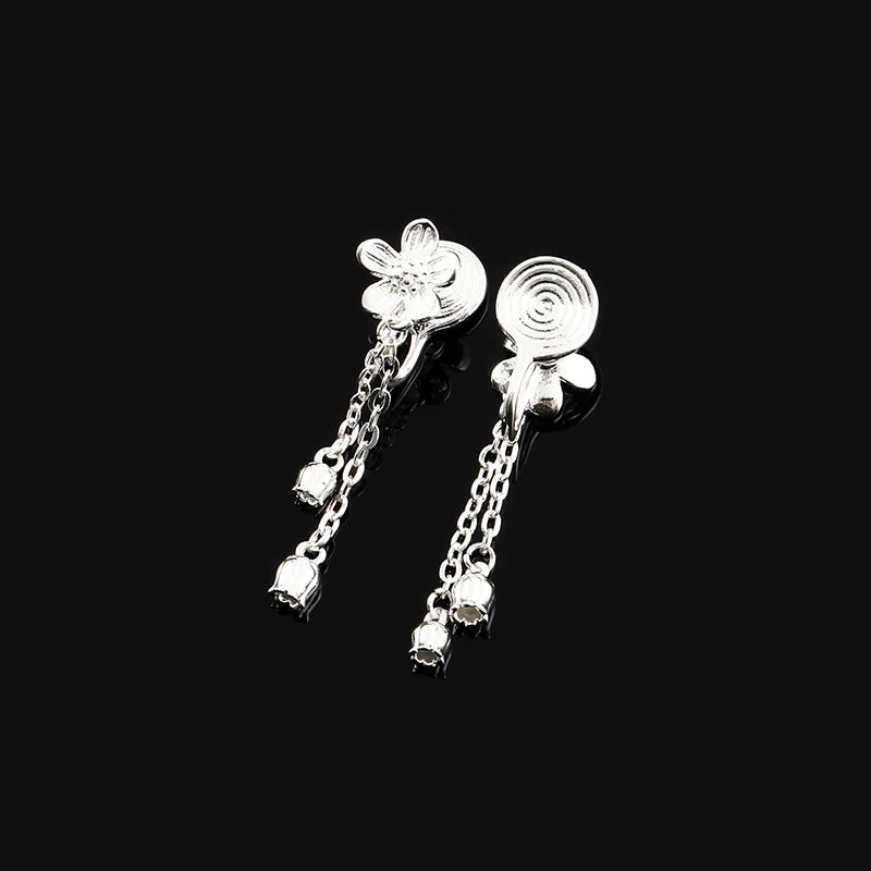 Elegant Silver Alloy Lily Of The Valley Flower Tassel Stud & Clip On No Piercing Dangle Earrings