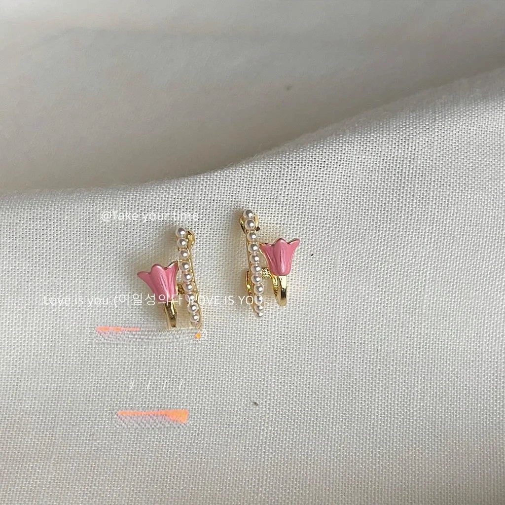 Forest Style Alloy Pink Enamel 3D Tulip Pearl Double Layer Stud Earrings