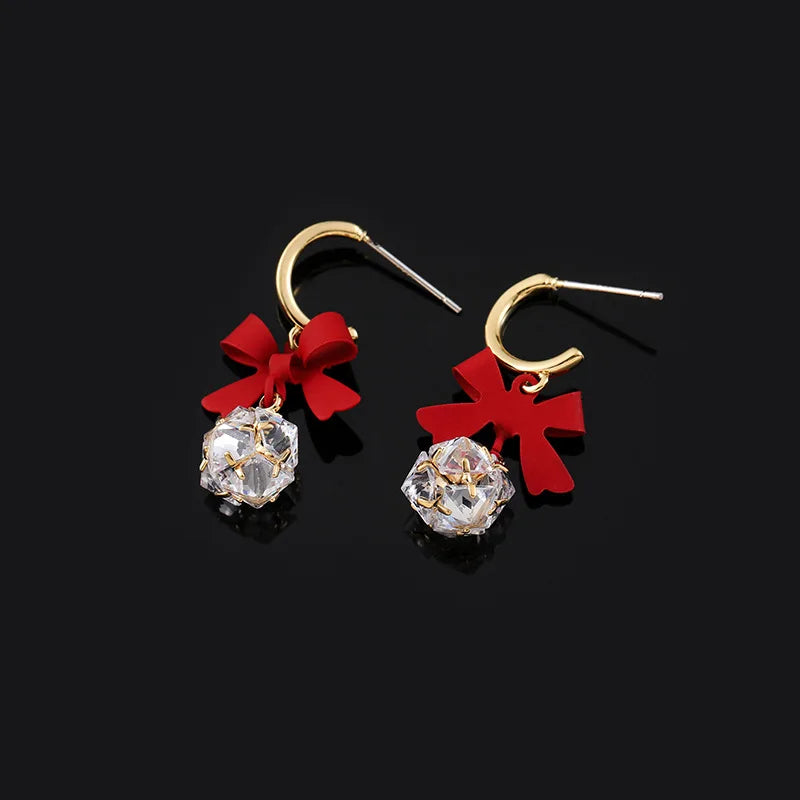 Elegant Red Bowknot Zircon Crystal Ball Spiral Alloy Stud & Clip On No Piercing Drop Dangle Earrings