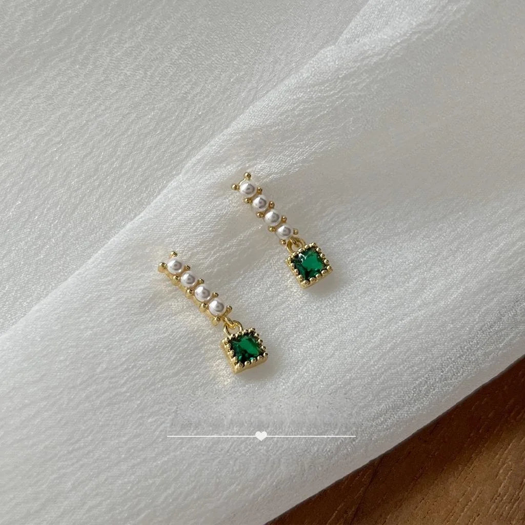 Mini Vintage Geometric Pearl Emerald Stud Earrings 14K Plated Copper Micro Pave Zircon Jewelry