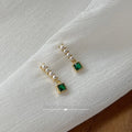 Mini Vintage Geometric Pearl Emerald Stud Earrings 14K Plated Copper Micro Pave Zircon Jewelry